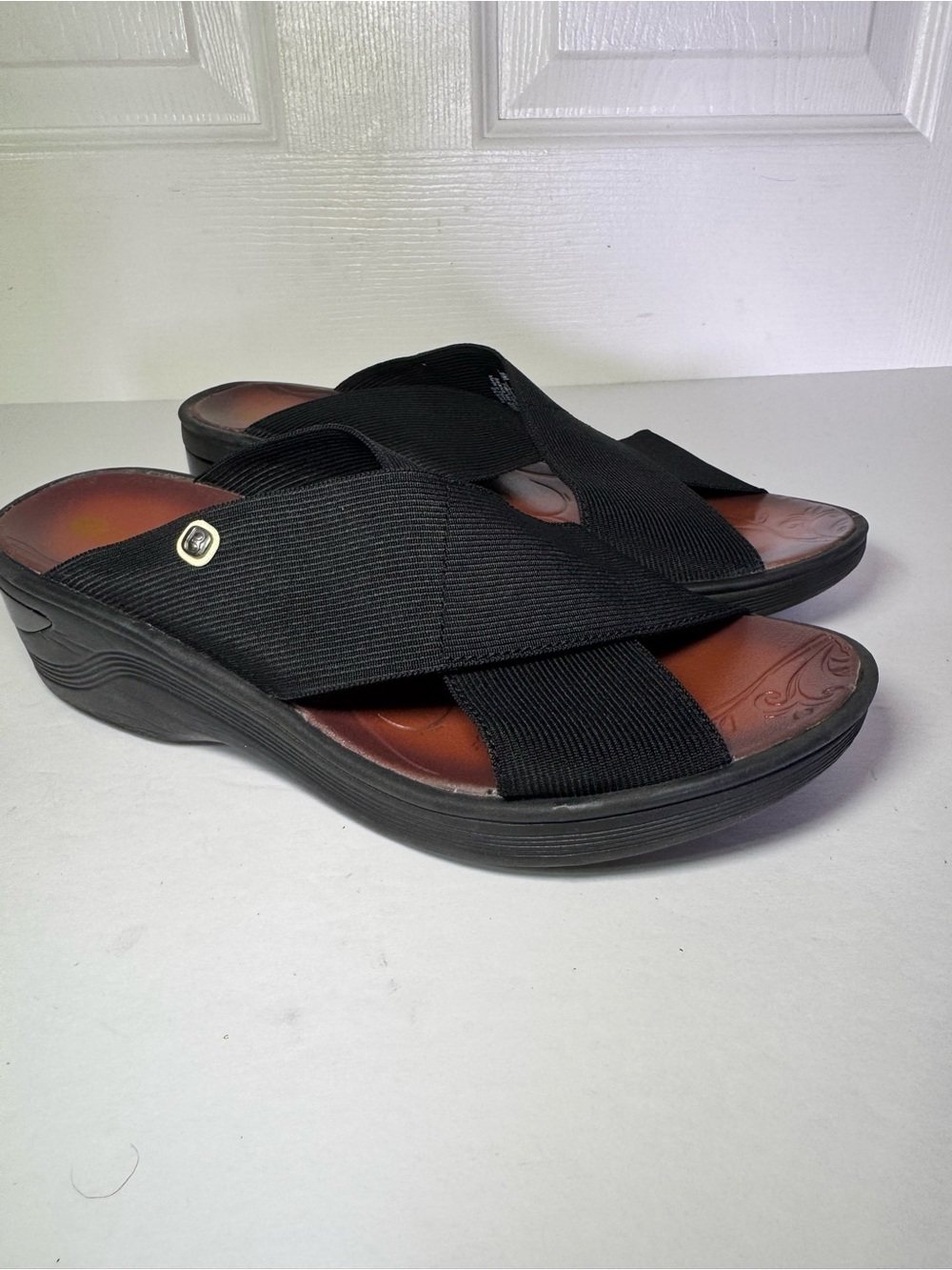 Bzees Black Crisscross Comfort Slide Sandals